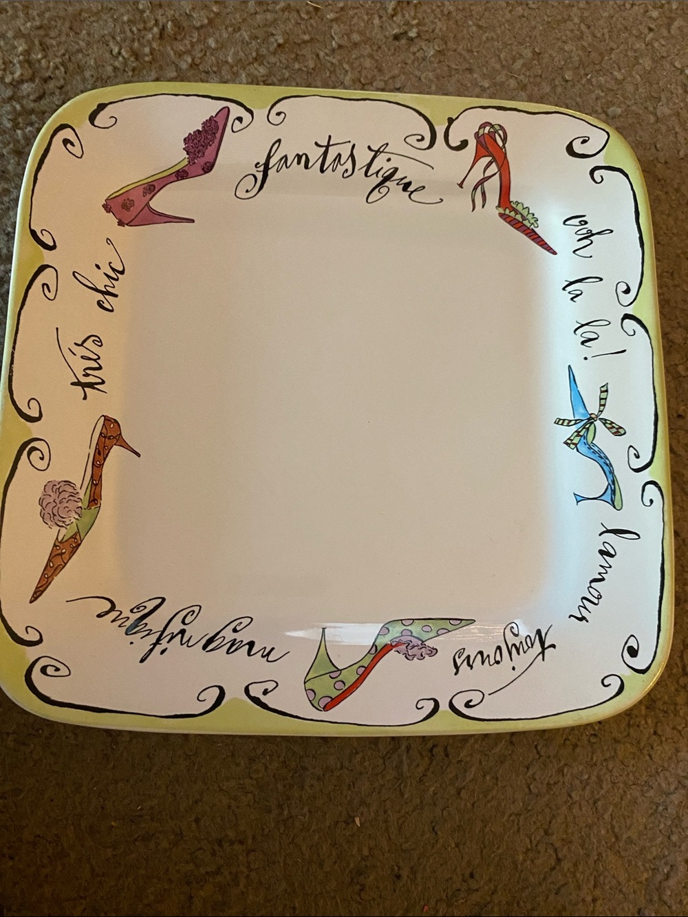Rosanna Square Serving Plate with Colorful Shoe Motif - White & Lime